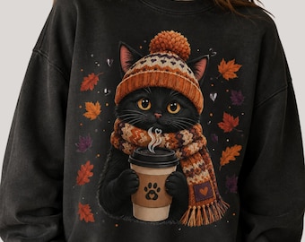 Cozy Fall Black Cat PNG, Autumn Coffee Cat Sublimation Design, Cute Shirt Digital Download