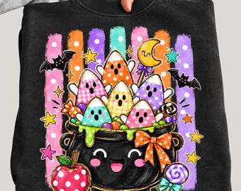 Candy Corn Ghost PNG, Cute Halloween Cauldron PNG, Kawaii Spooky Season Design, Halloween Shirt Sublimation, DTF