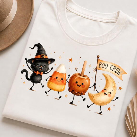 Cute Halloween Boo Crew PNG: Black Cat, Candy Corn and Caramel Apple Sublimation Design