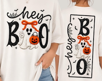 Hey Boo Ghost PNG Set, Front and Back Halloween Shirt Design, Cute Bow Ghost, Spooky Season DTF Sublimation Download