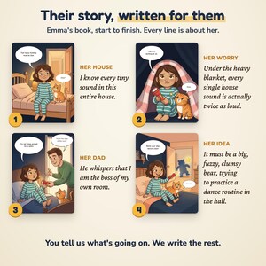 May include: A four-panel illustrated storybook page titled Their story, written for them. It features a child in striped pyjamas and an orange cat in various scenes, including under a blanket and with a parent, with text captions for each.
