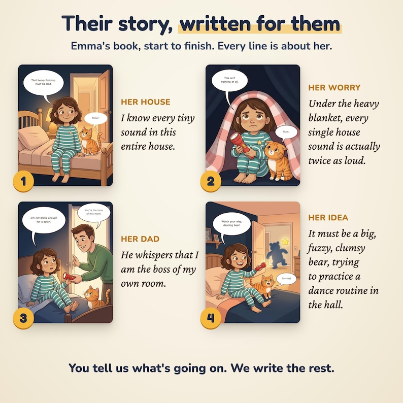 May include: A four-panel illustrated storybook page titled Their story, written for them. It features a child in striped pyjamas and an orange cat in various scenes, including under a blanket and with a parent, with text captions for each.
