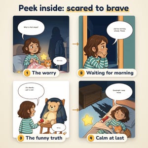 May include: A four-panel comic titled Peek inside: scared to brave. It shows a child in striped pyjamas with a cat, moving from worry to calm. Panels depict the child fearing a shadow, waiting for morning, finding a teddy bear, and sleeping.