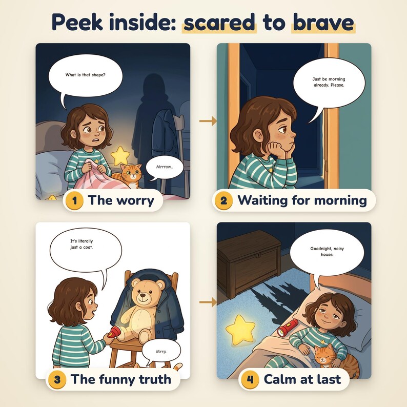 May include: A four-panel comic titled Peek inside: scared to brave. It shows a child in striped pyjamas with a cat, moving from worry to calm. Panels depict the child fearing a shadow, waiting for morning, finding a teddy bear, and sleeping.