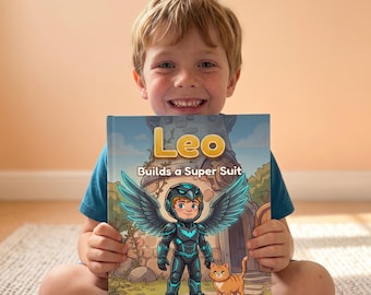 May include: A hardback children's book titled Leo Builds a Super Suit, featuring a colourful illustration of a character in a dark blue mechanical suit with large wings standing next to an orange cat in front of a stone tower.
