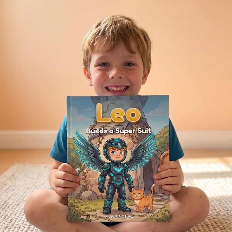 May include: A hardcover children's book titled Leo Builds a Super Suit, featuring a colorful illustration of a character in a dark blue mechanical suit with large wings standing next to an orange cat in front of a stone tower.