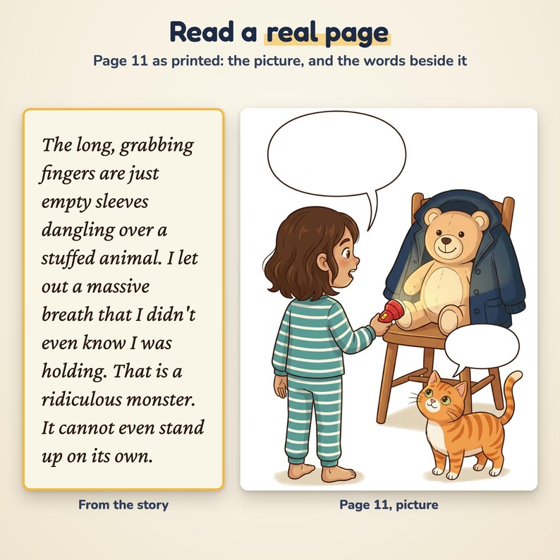May include: A page from a storybook featuring text about a monster and an illustration of a child in striped pyjamas shining a torch on a teddy bear sitting on a wooden chair, with an orange tabby cat looking up and two empty speech bubbles.
