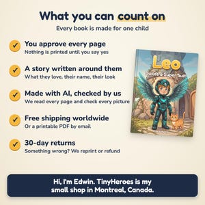 May include: A personalized children's book titled Leo Builds a Super Suit, featuring an illustration of a child in a superhero costume with wings and a cat. The text highlights custom story features, AI creation, and quality checks for each book.