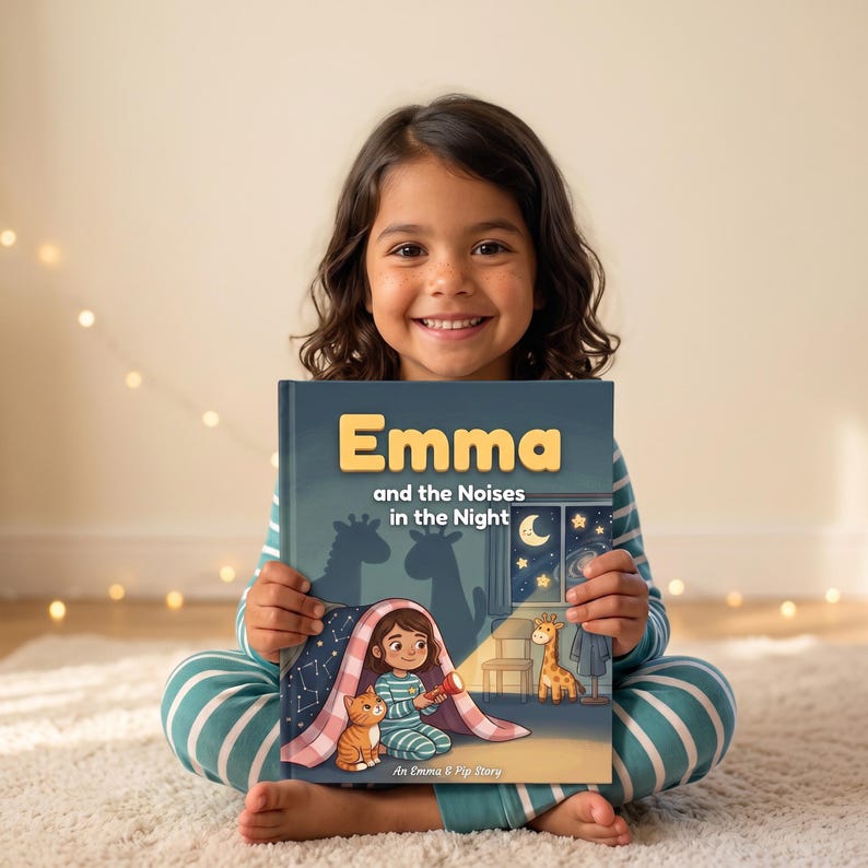 May include: A children's book titled Emma and the Noises in the Night with a dark blue cover featuring a cartoon illustration of a child under a blanket with a cat, a giraffe toy, and a window showing a crescent moon and stars.