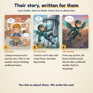 May include: A personalized children's book advertisement featuring three illustrated panels. The text reads: Their story, written for them. Leo's book, start to finish. Every line is about him. His rule, his mistake, his garage. You tell us about them. We write the rest.