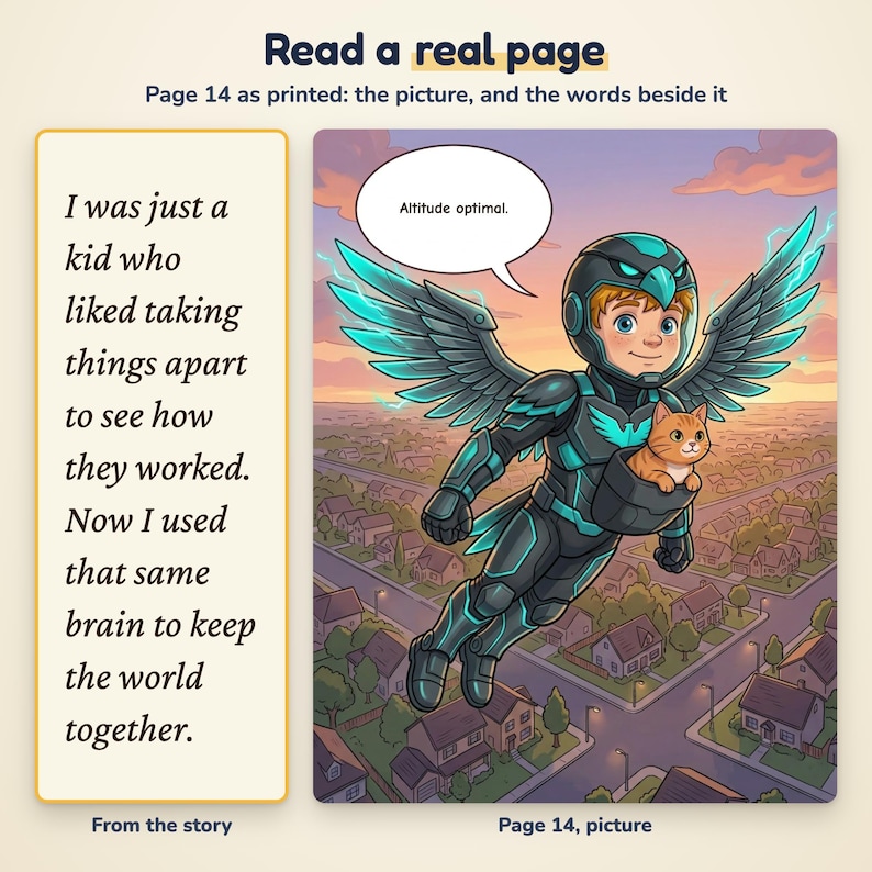 May include: A book page titled Read a real page featuring text about a curious child and an illustration of a flying character in black and teal armor with wings, carrying an orange cat. A speech bubble says Altitude optimal.