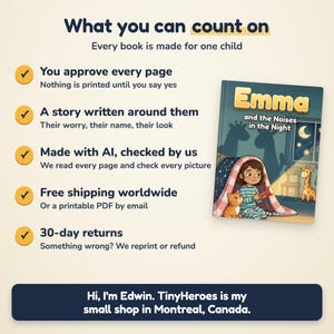 May include: A children's book titled Emma and the Noises in the Night featuring a girl with a torch under a blanket with a cat. The cover shows a bedroom with a giraffe toy and moon. Text includes What you can count on and Hi, I'm Edwin.