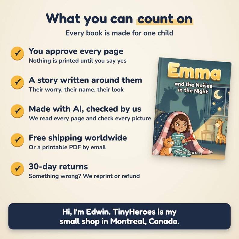 May include: A children's book titled Emma and the Noises in the Night featuring a girl with a torch under a blanket with a cat. The cover shows a bedroom with a giraffe toy and moon. Text includes What you can count on and Hi, I'm Edwin.