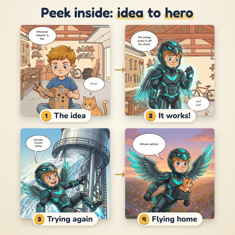 May include: A four-panel comic titled Peek inside: idea to hero. It shows a child building a cardboard robot, transforming into a hero in black and teal armor with wings, repairing a water tower, and flying home with a cat in a pouch.