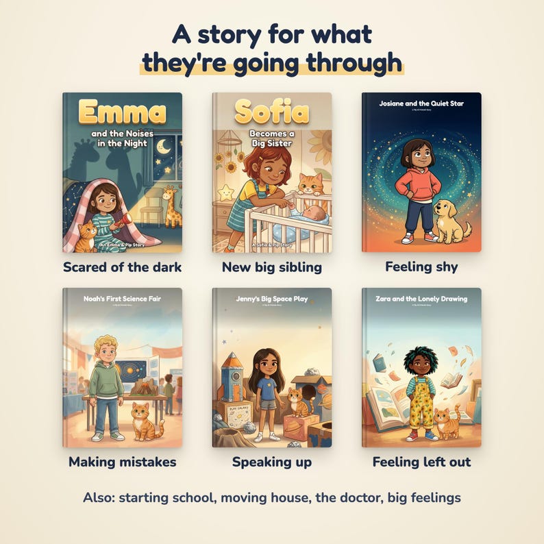 May include: Six children's storybooks titled Emma and the Noises in the Night, Sofia Becomes a Big Sister, Josiane and the Quiet Star, Noah's First Science Fair, Jenny's Big Space Play, and Zara and the Lonely Drawing, with illustrated covers.