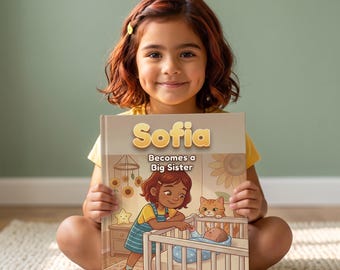 May include: A hardback children's book titled Sofia Becomes a Big Sister. The cover features a colourful illustration of a young girl standing by a crib with a baby and a cat. The title is printed in large, bold, light-coloured letters.
