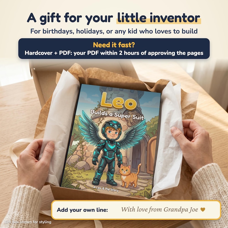May include: A hardcover book titled Leo Builds a Super Suit featuring an illustration of a child in a blue mechanical suit with wings standing next to an orange cat, presented in a cardboard gift box with white tissue paper.