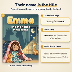 May include: A personalised children's book titled Emma and the Noises in the Night. The cover features a child with a flashlight and a cat under a blanket. Text examples show the name Emma printed on the cover, first page, and inside the story, with a custom dedication line.