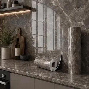 May include: A roll of self-adhesive contact paper featuring a glossy dark gray marble pattern with white veining. The roll is positioned on a matching marble countertop next to a wine bottle, a wooden cutting board, and a potted plant.
