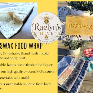 Puede incluir: La imagen muestra envoltorios de alimentos de cera de abejas y una barra de cera de abejas. Los envoltorios están hechos de algodón tejido y son reutilizables y lavables. La barra de cera de abejas tiene la inscripción "BEESWAX". La imagen también incluye el logotipo "Raelyn's Hive".