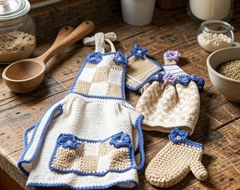 Crochet Farmhouse Kitchen Set Pattern PDF, Rustic Apron Pot Holder & Oven Mitt Crochet Pattern, Cottagecore Kitchen Decor, Instant Download.