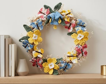 Crochet Flower Wreath Pattern PDF | Spring Floral Crochet Wall Decor | Butterfly & Daffodil Wreath Tutorial | Boho Crochet Pattern