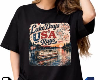 Lake Days & USA Rays PNG SVG | Patriotic Lake Boat Design | Retro Americana Summer Sublimation File | 4th Of July Digital Download