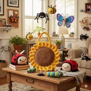 Könnte beinhalten: Eine Sammlung gehäkelter Objekte, darunter eine große sonnenblumenförmige Tasche, zwei rot-schwarze Marienkäfer-Plüschtiere, zwei blau-grün gestreifte Raupen sowie verschiedene kleine gehäkelte Insekten wie Spinnen, Bienen und ein Schmetterling.