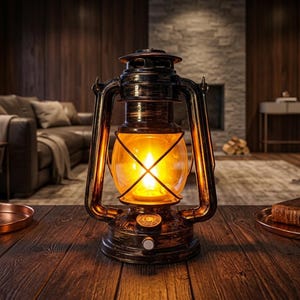 May include: A vintage-style lantern with a warm, glowing light. The lantern has a bronze finish and a glass globe. It sits on a wooden table, with a copper tray and a book nearby. The background features a cozy living room setting.