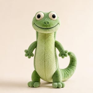 May include: A plush lizard toy featuring a soft, light green textured fabric on the belly and a darker green shade on the back, head, and limbs. The creature has large, round white eyes with black pupils, a stitched smile, and a curved tail.
