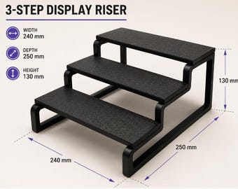 Modern 3-Step Display Riser - 240mm Textured Tiered Tabletop Stand for Retail, Collectibles, Crystals, and Vendors | Sleek Modular Organizer