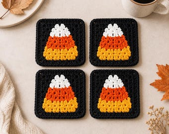 Candy Corn Granny Square Coaster Crochet Pattern | Halloween Fall Decor PDF | Beginner Applique Tutorial