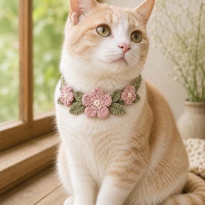 May include: A crochet cat collar featuring three pink flowers with cream centres and several green leaves. The collar is worn by a ginger and white cat with green eyes, sitting upright. The floral design is crafted from yarn with visible stitches.
