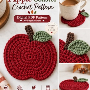 Puede incluir: Un patrón de ganchillo digital en PDF para un posavasos con forma de manzana. El diseño presenta una base circular roja con un tallo marrón y una hoja verde. El tamaño final es de 12,7 x 12,7 cm. El texto dice Apple Coaster Crochet Pattern.