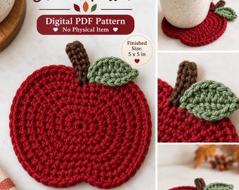 Apple Coaster Crochet Pattern | 5-Inch Fruit Mug Rug PDF Download | Digital Download