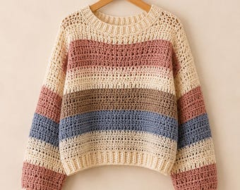 Striped Crochet Sweater Pattern | Women's M/L Relaxed Fit Crew Neck Pullover | Digital Pattern