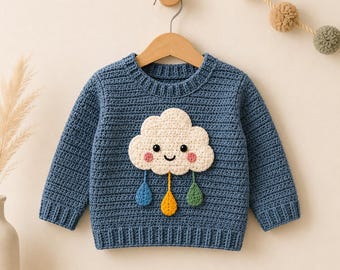 Rain Cloud Sweater Crochet Pattern for Kids | Applique Pullover PDF