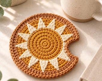 Crochet Mug Coaster Pattern | Sunray Handle Notch Cup Mat PDF | Digital Download