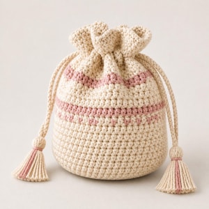 Può includere: Un sacchetto all'uncinetto color crema con due strisce rosa orizzontali. La borsa ha una base arrotondata e una parte superiore arricciata. Nappe color crema con accenti rosa pendono dal cordoncino.
