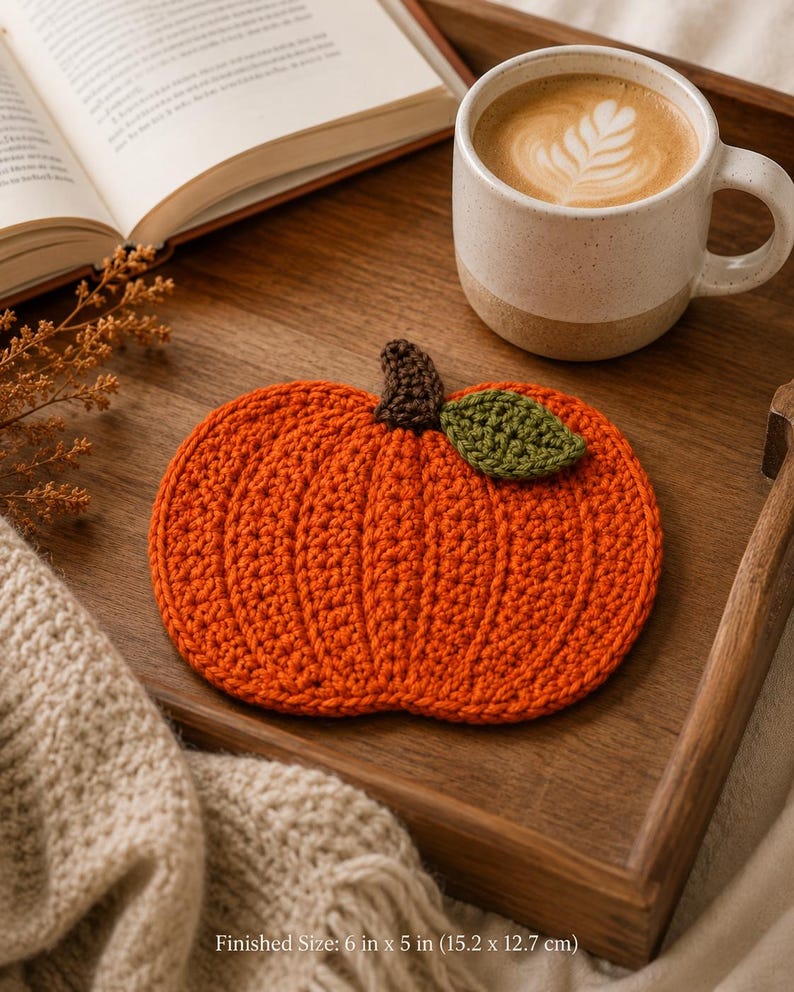 pumpkin mug rug, fall mug rug pattern, crochet mug rug, pumpkin coaster, fall crochet pdf, autumn crochet, crochet pattern pdf, thanksgiving decor, fall table decor, pumpkin crochet, seasonal mug rug, crochet coaster, ribbed pumpkin