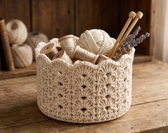 Crochet Basket Pattern PDF | Shell Stitch Scallop Storage Basket | Bulky Yarn Home Organizer Tutorial