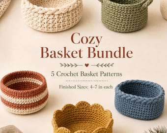 Crochet Basket Pattern Bundle: 5 PDF Storage Baskets with Braided Rim | Oval & Scallop | Instant download