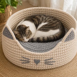 May include: A round, cream-colored crocheted pet bed with a gray interior base. The exterior features two gray triangular ears on the rim and a gray embroidered nose with whiskers on the front. A brown and white tabby cat is curled up inside.