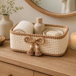 May include: A rectangular crochet basket featuring cream-colored yarn walls with tan trim along the top and bottom edges. The front is decorated with a central crochet bow detail, two wooden beads, and two hanging tan yarn tassels.