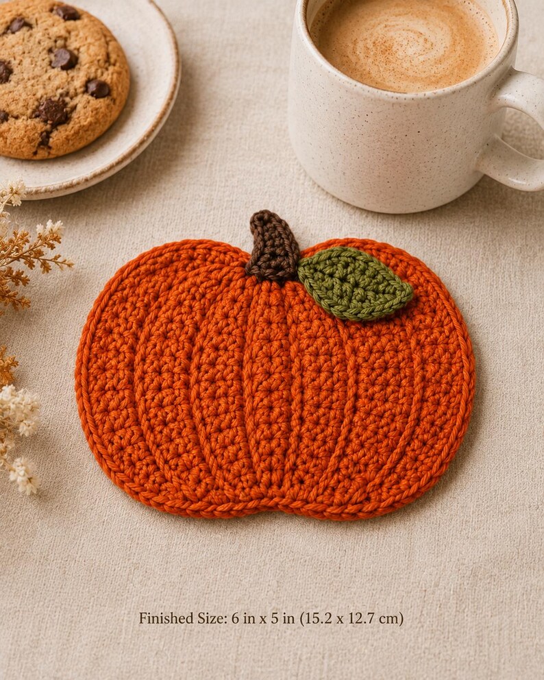 May include: A pumpkin-shaped crochet coaster in vibrant orange yarn with a dark brown stem and a single green leaf. The coaster features a textured ribbed design and measures 6 inches by 5 inches as indicated by the printed text below it.