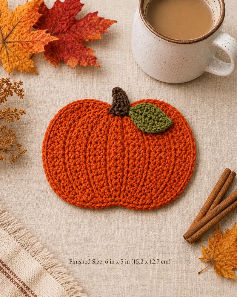 pumpkin mug rug, fall mug rug pattern, crochet mug rug, pumpkin coaster, fall crochet pdf, autumn crochet, crochet pattern pdf, thanksgiving decor, fall table decor, pumpkin crochet, seasonal mug rug, crochet coaster, ribbed pumpkin