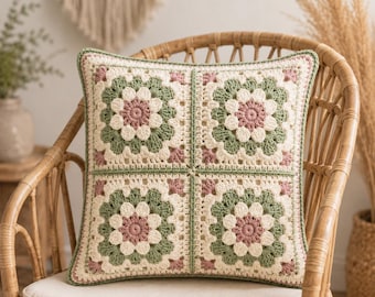 Crochet Pillow Pattern | Floral Granny Square 3D Flower Cushion PDF | Sage Green Cottagecore Decor