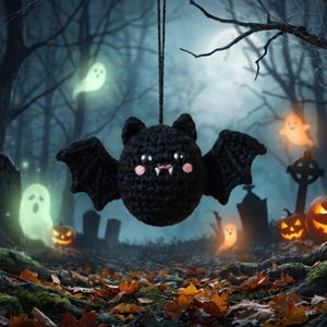 May include: A black crocheted bat ornament with a round body, pointed ears, and outstretched wings. The bat features two small white eyes, pink circular cheeks, and two small white fangs, suspended by a thin black string against a dark forest.