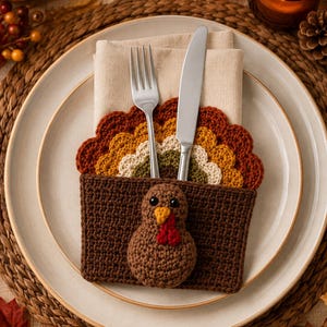 May include: A crochet turkey utensil holder featuring a brown rectangular pocket with a three-dimensional turkey head attached to the front. The back of the holder displays a colorful fan-shaped tail in layers of rust, gold, cream, and olive green.