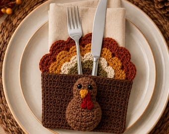 Turkey Utensil Holder Crochet Pattern PDF | Thanksgiving Cutlery Pocket | Fall Table Decor